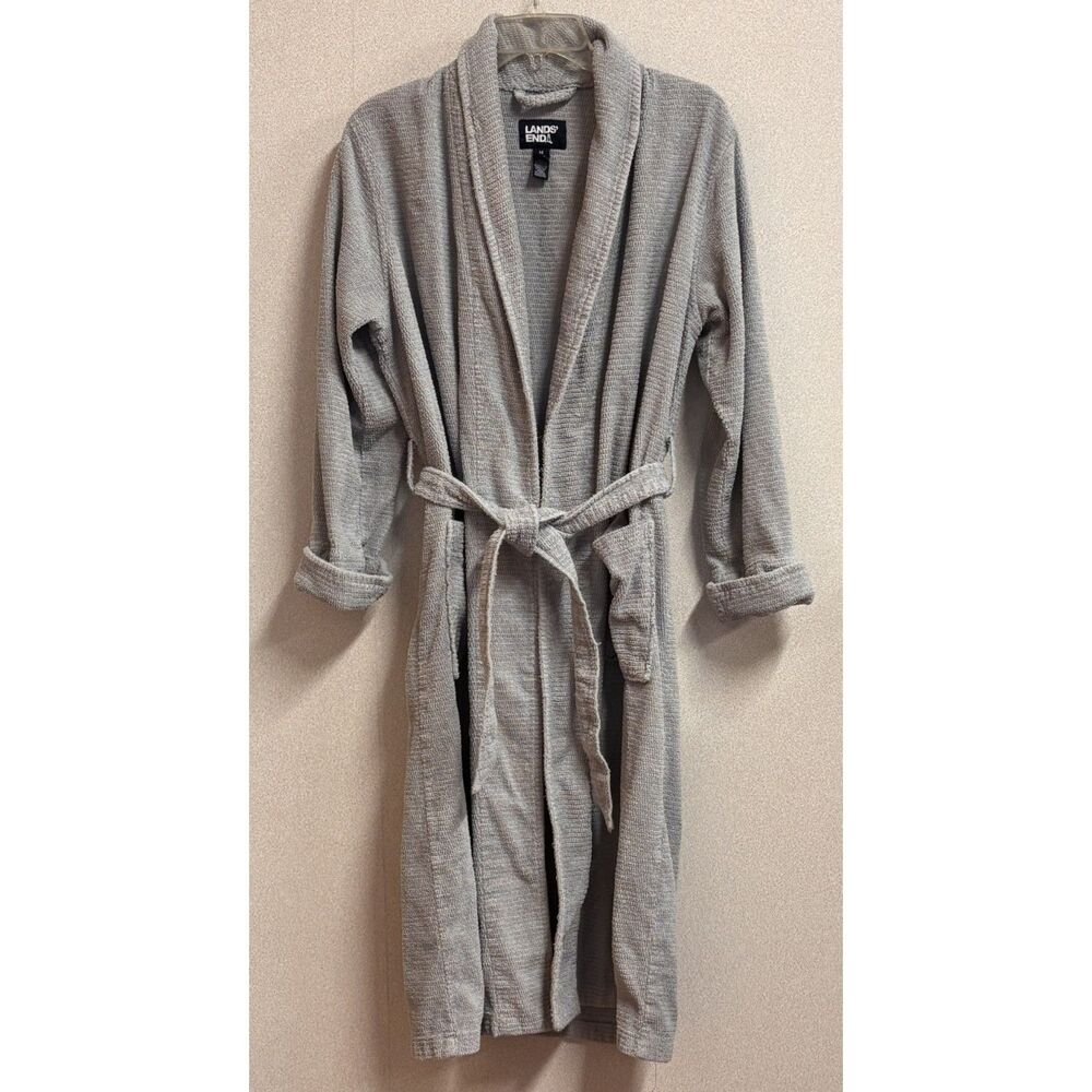 Vintage Lands’ End Terry Cloth Bathrobe Women M 12 Gray Long Belted Minimalist